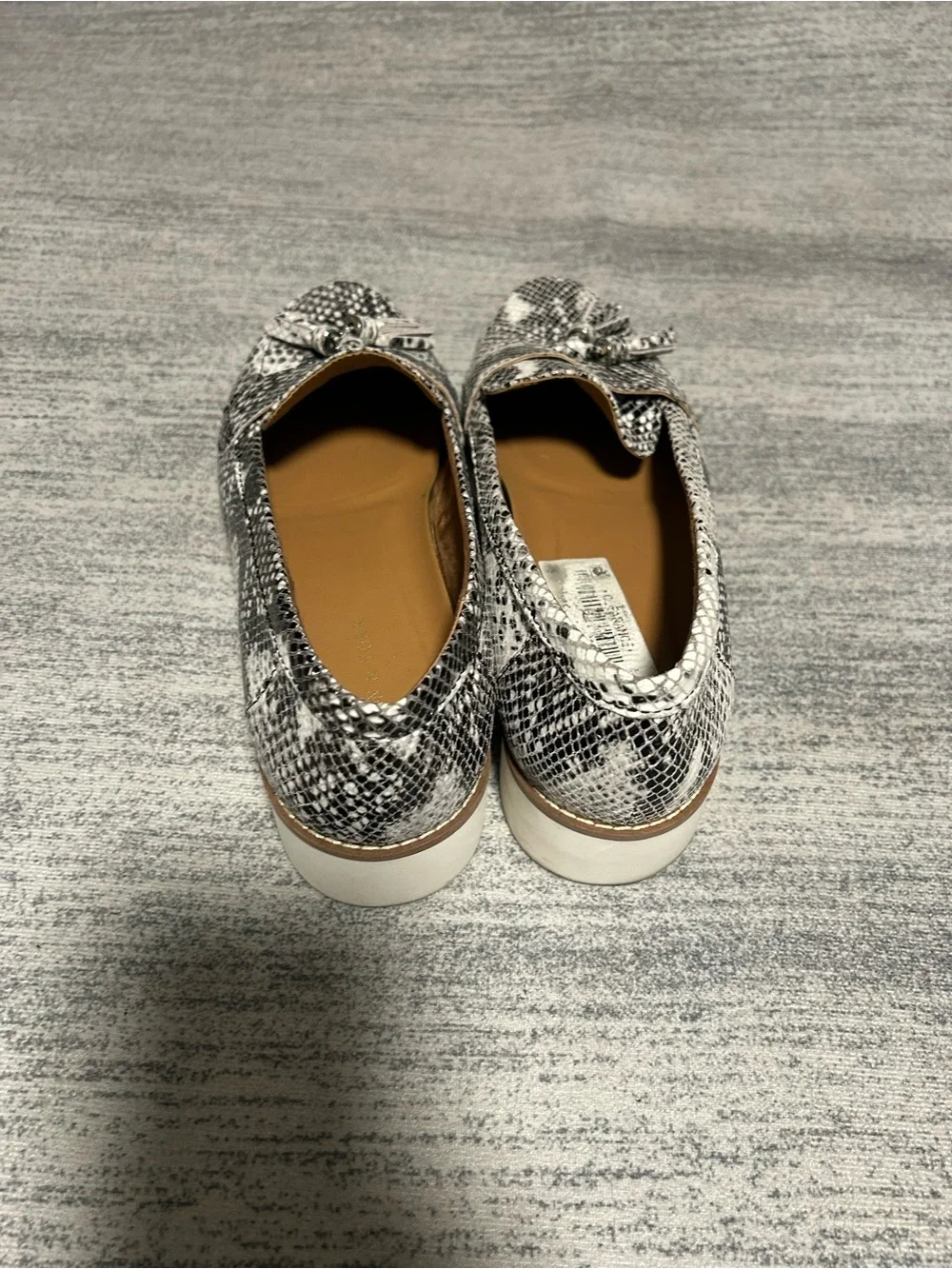 Preston & York Black and White Snake-Print Tassel Loafers